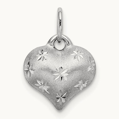 Satin Diamond-cut 3D Puffed Heart Pendant, 14K White Gold