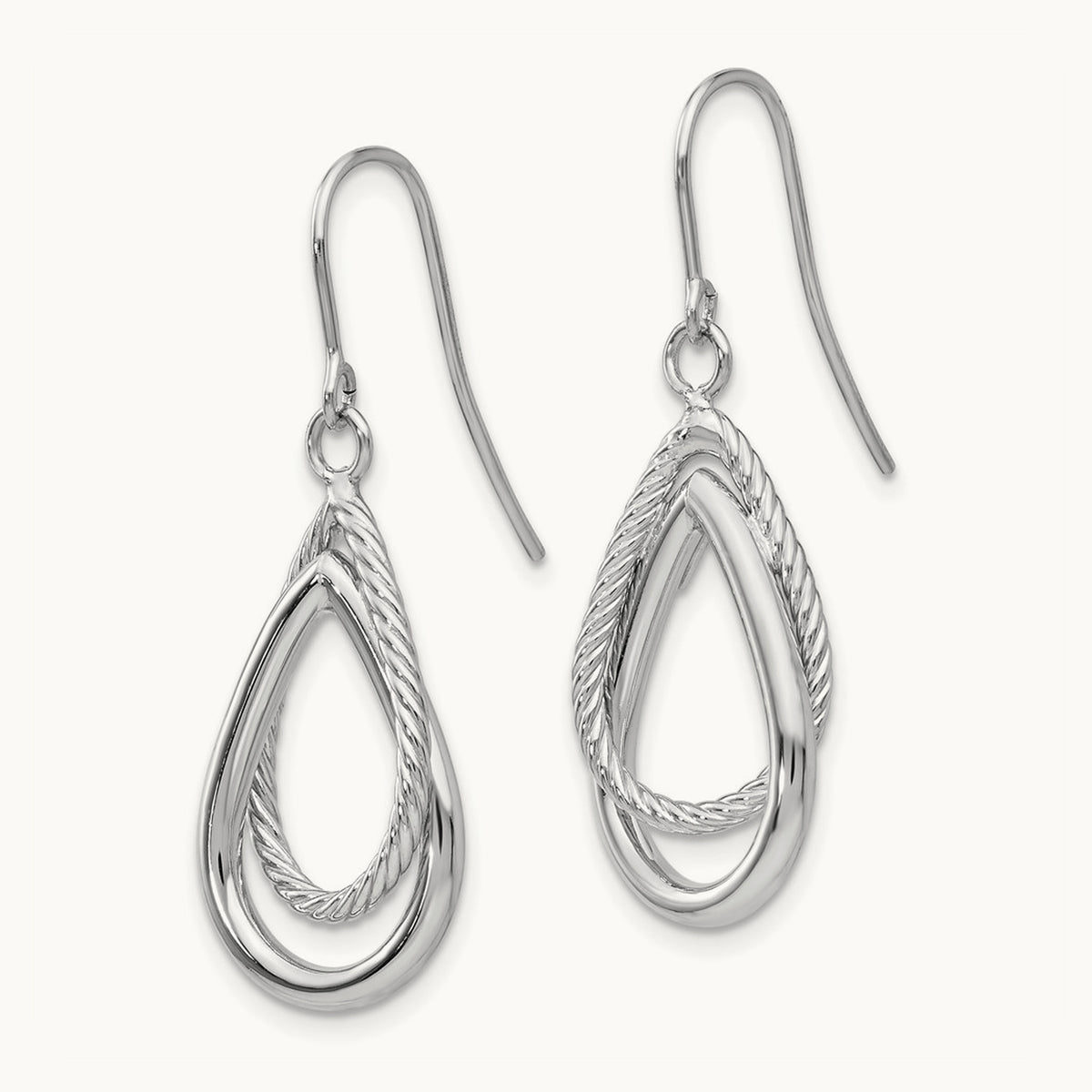 Polished and Textured Teardrop Shepherd Hook Earrings — 14K White Gold