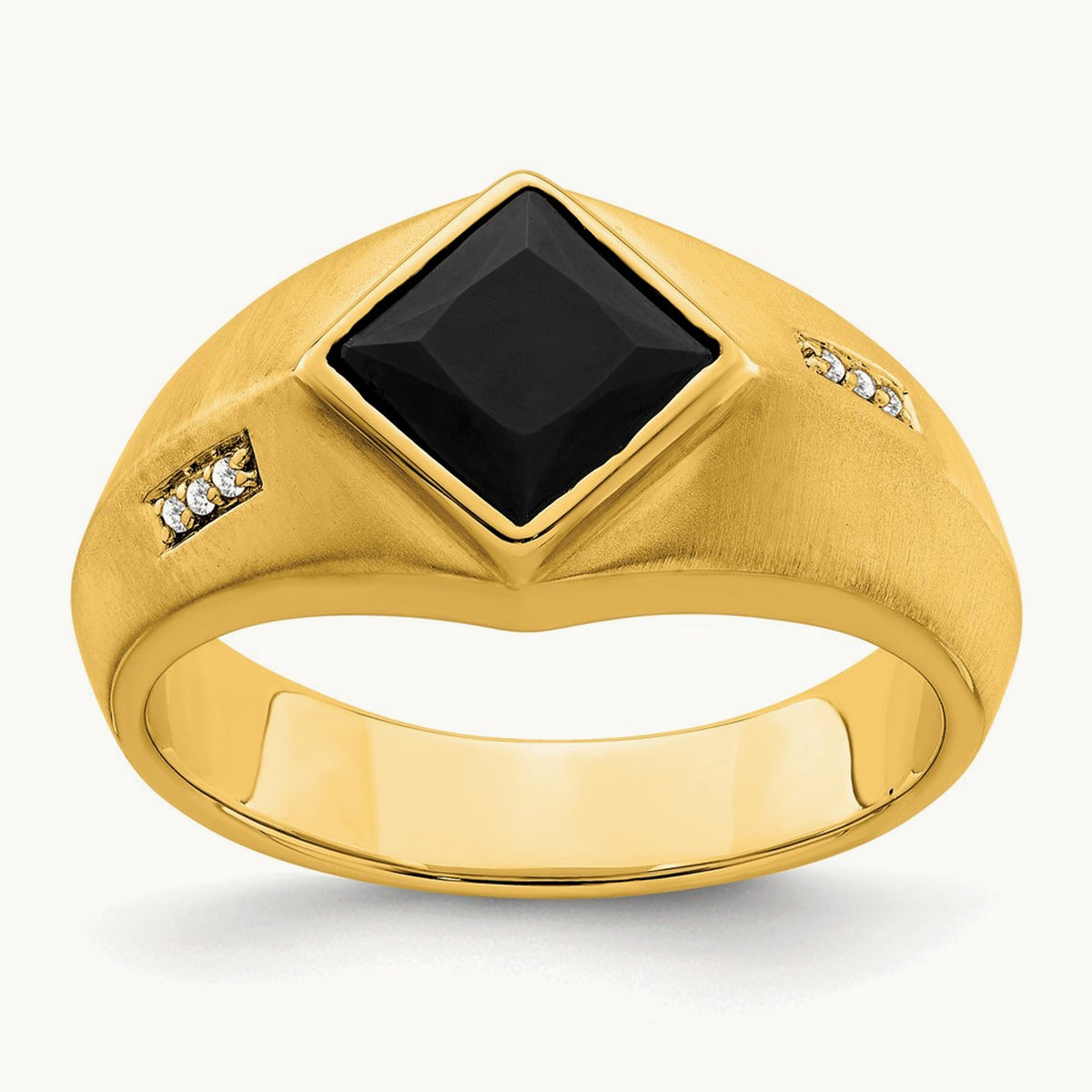 Onyx and Diamond Satin Men's Ring — 14K Yellow Gold