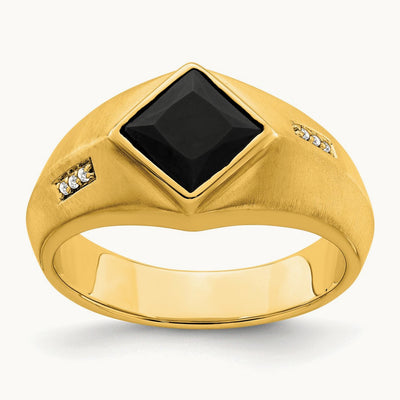 Onyx and Diamond Satin Men's Ring — 14K Yellow Gold