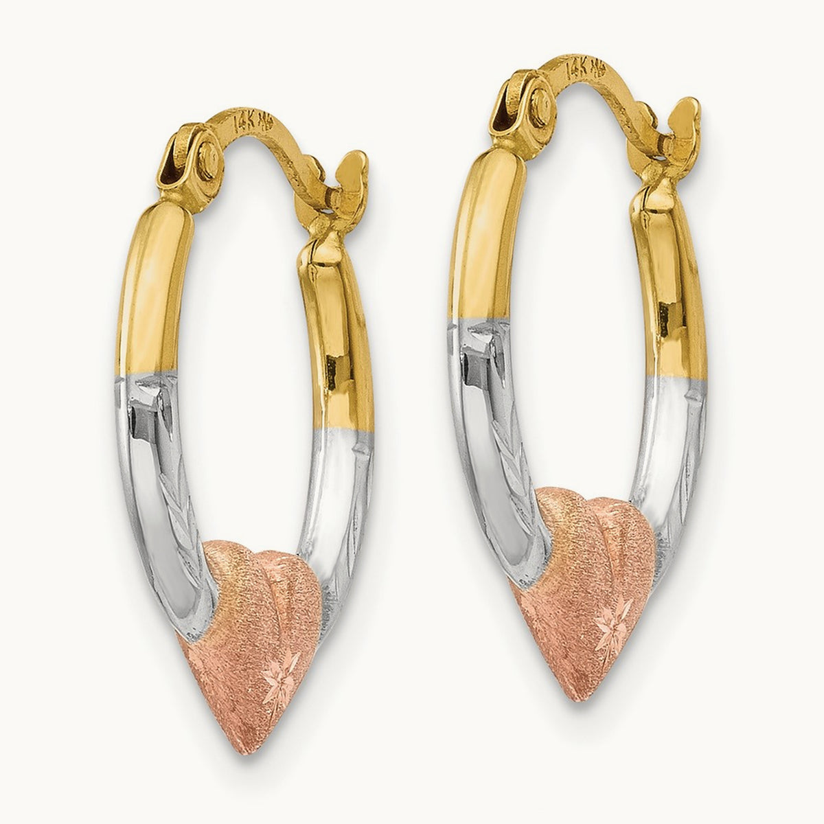 & White and Rose Rhodium Heart Hoop Earrings, 14K