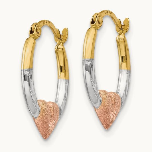& White and Rose Rhodium Heart Hoop Earrings, 14K