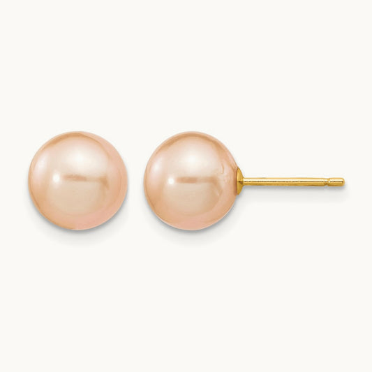 8- Pink Round Freshwater Cultured Pearl Stud Post Earrings, 9mm, 14K