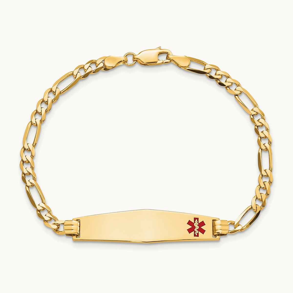 Non Enameled Medical Soft Diamond Shape Flat Figaro Link ID Bracelet, 14K