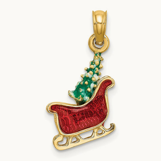 3-D Enamel Sleigh w/Christmas Tree Charm, 14K