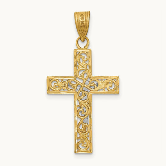 D/C Small Block Filigree Crucifix Pendant, 14K Two-tone