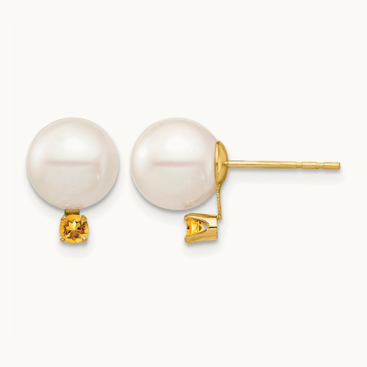8- White Round Freshwater Cultured Pearl Citrine Post Earrings, 8.5mm, 14K