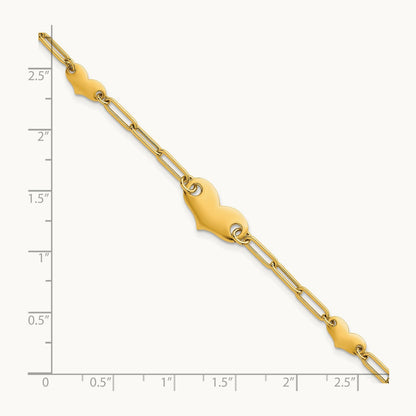 Polished Paperclip Link With Hearts 7.5in Bracelet, 14K