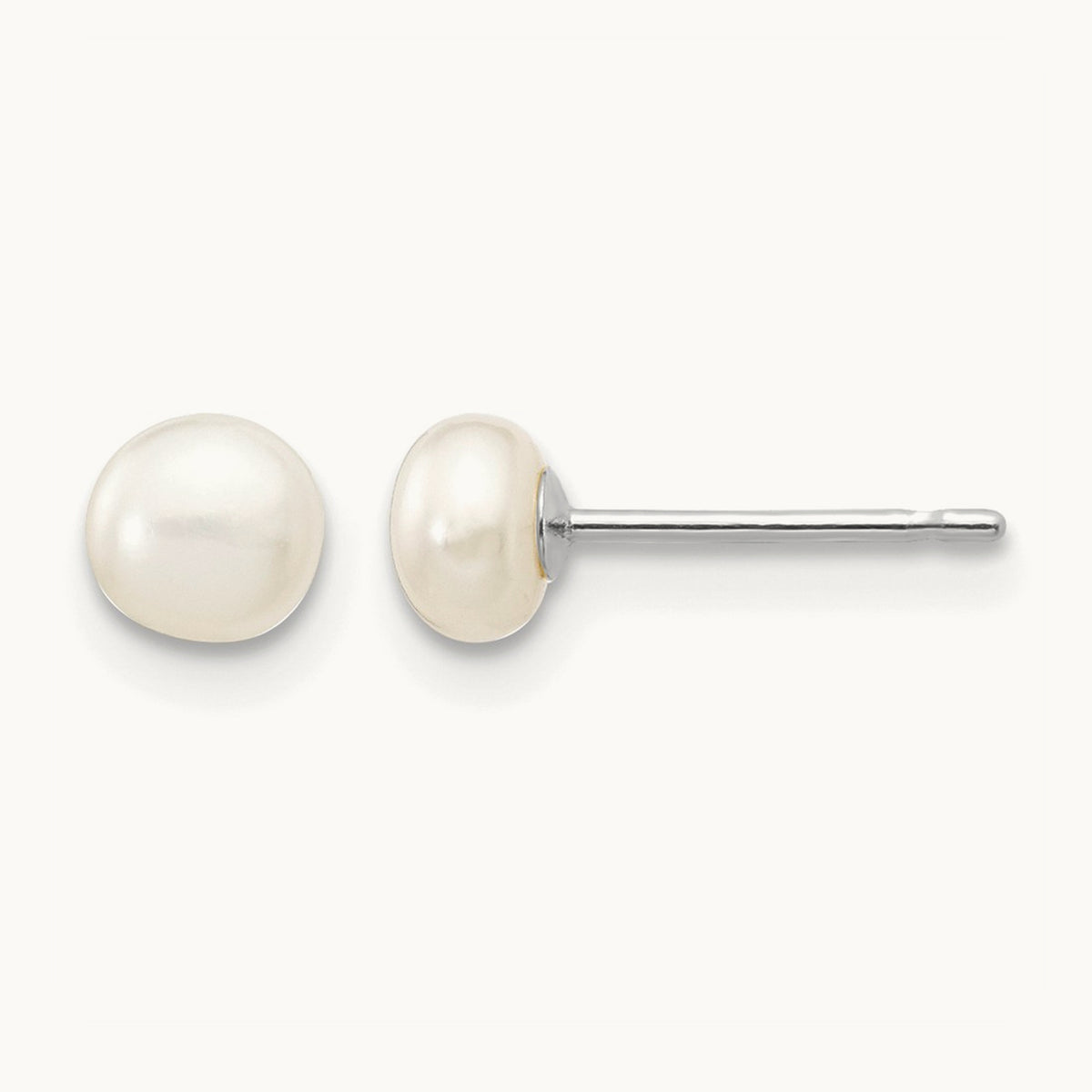 4- White Button FW Cultured Pearl Stud Post Earrings, 5mm, 14K White Gold