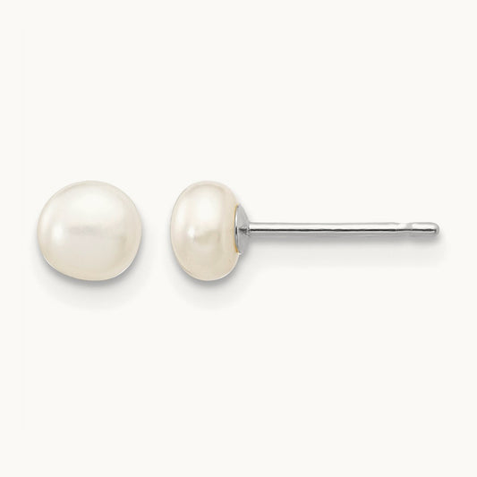 4- White Button FW Cultured Pearl Stud Post Earrings, 5mm, 14K White Gold