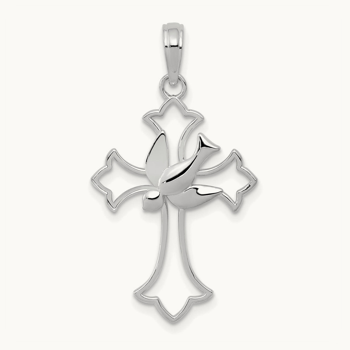 Polished Cross w/ Dove Charm, 14K White Gold