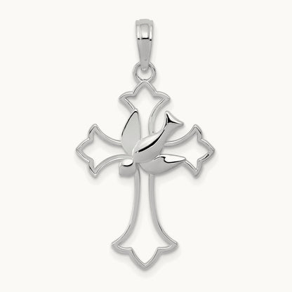 Polished Cross w/ Dove Charm, 14K White Gold