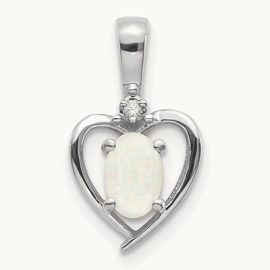 Opal and Diamond Heart Pendant — 14K White Gold