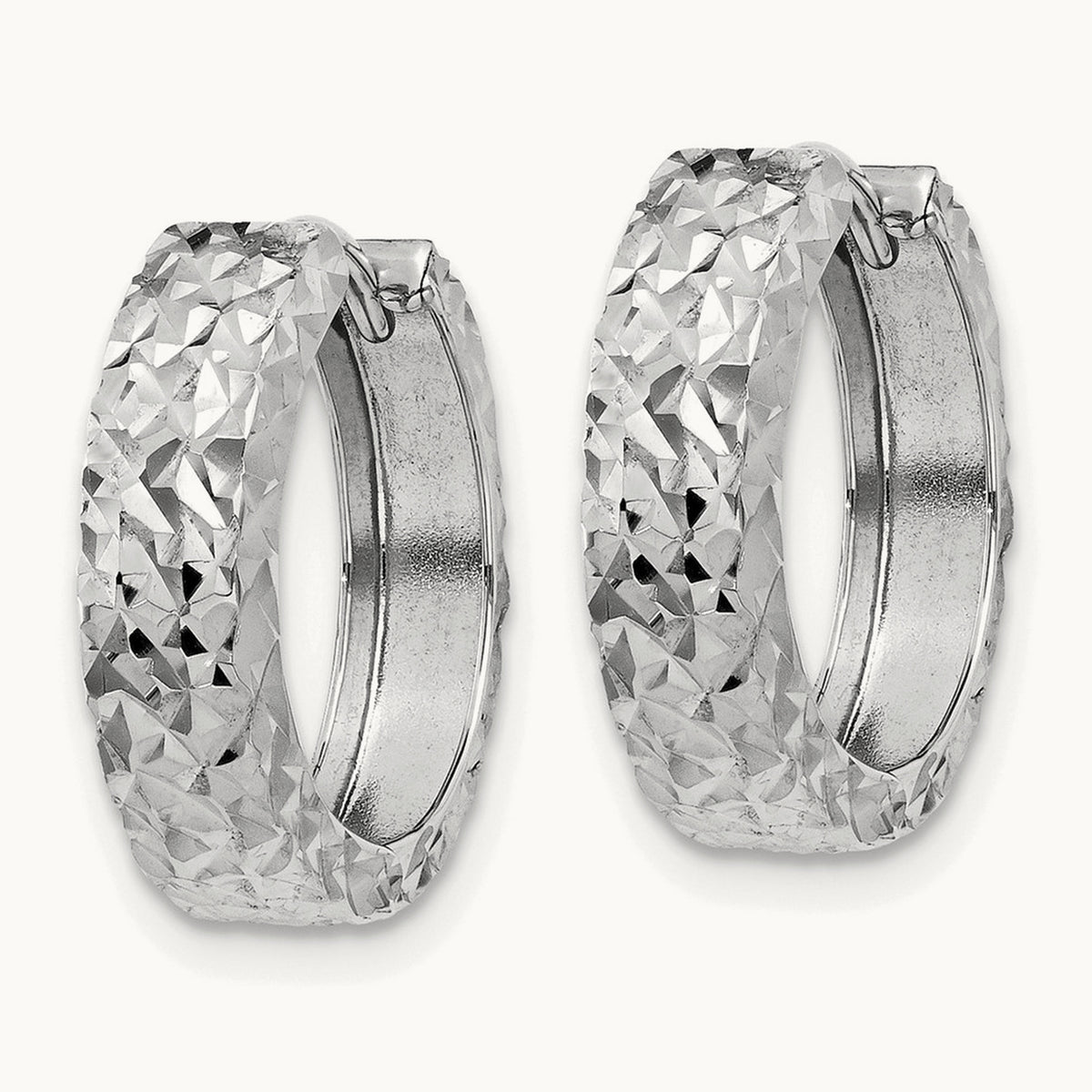 Diamond-cut Hinged Hoop Earrings — 14K White Gold, 14mm