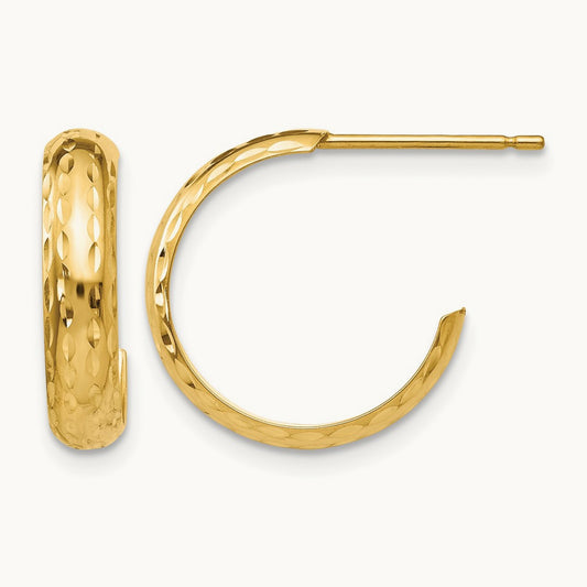 Diamond-cut J-Hoop Earrings — 14K Yellow Gold, 3mm