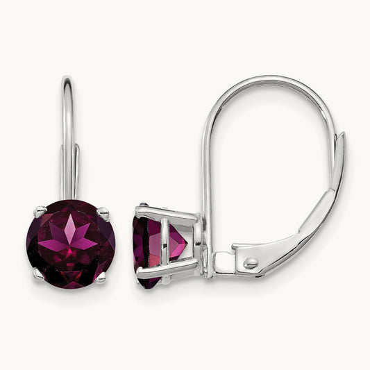 Rhodolite Garnet Leverback Earrings, 6mm, 14K White Gold