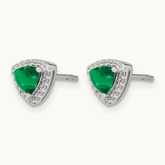 Trillion Emerald and Diamond Halo Earrings, 14K White Gold