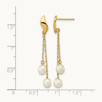 4- White Rice Freshwater Cultured Pearl Post Dangle Earrings, 5mm, 14K