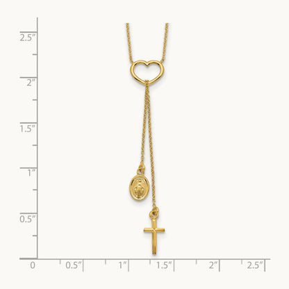 Polished Heart with Dangle Cross and Religious Medal Necklace, 14K