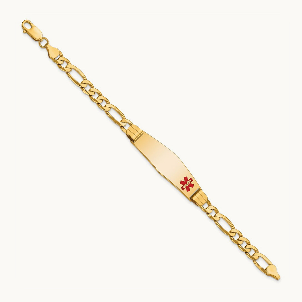 Medical Soft Diamond Shape Red Enamel Flat Figaro Link ID Bracelet, 14K