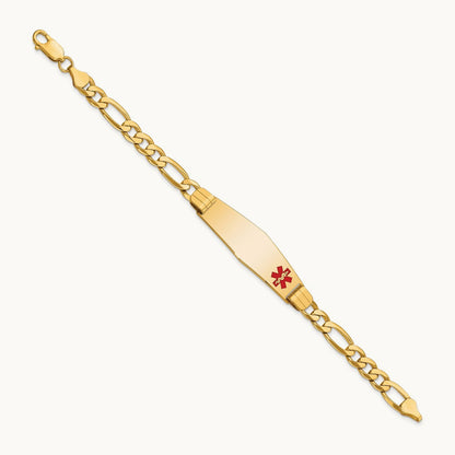 Medical Soft Diamond Shape Red Enamel Flat Figaro Link ID Bracelet, 14K