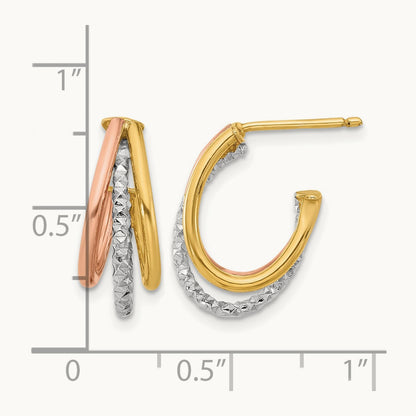 RH/ Rose GP Textured 3 Row J-Hoop Post Earrings, 14K White — Leslie's