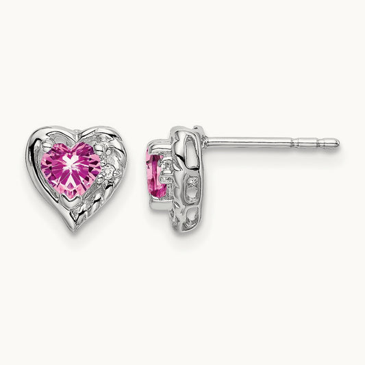 Created Pink Sapphire and Diamond Heart Earrings, 14K White Gold