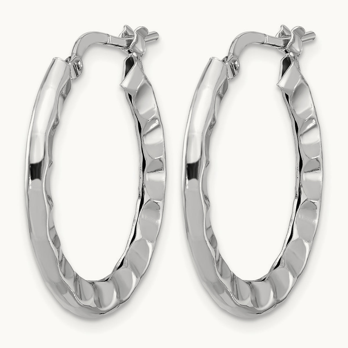 Rh-plated Polished/Hammered Hoop Earrings, Sterling Silver — Leslie's