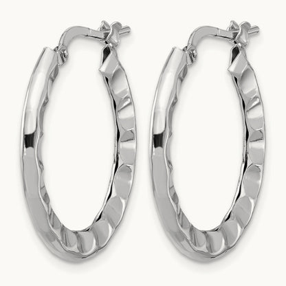 Rh-plated Polished/Hammered Hoop Earrings, Sterling Silver — Leslie's
