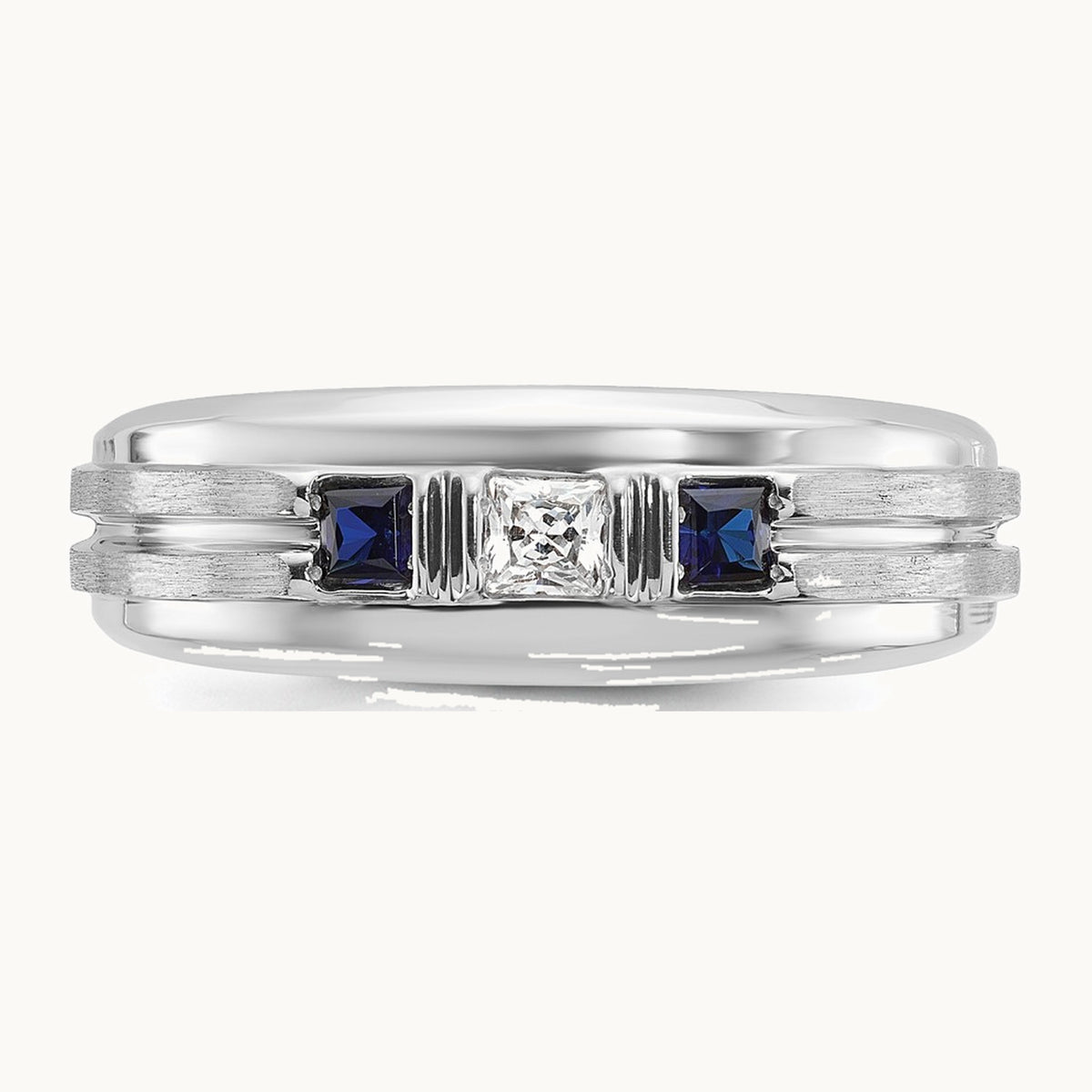 IBGoodman 14K White Gold Men's Polished Satin and Grooved Square 1/6 Carat AA Quality Diamond and Lab Created Sapphire 3-Stone Ring