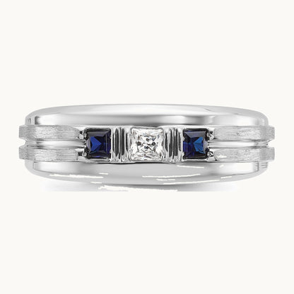 IBGoodman 14K White Gold Men's Polished Satin and Grooved Square 1/6 Carat AA Quality Diamond and Lab Created Sapphire 3-Stone Ring