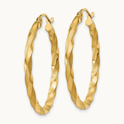 Polished & Satin Twisted Hoop Earrings — 14K Yellow Gold