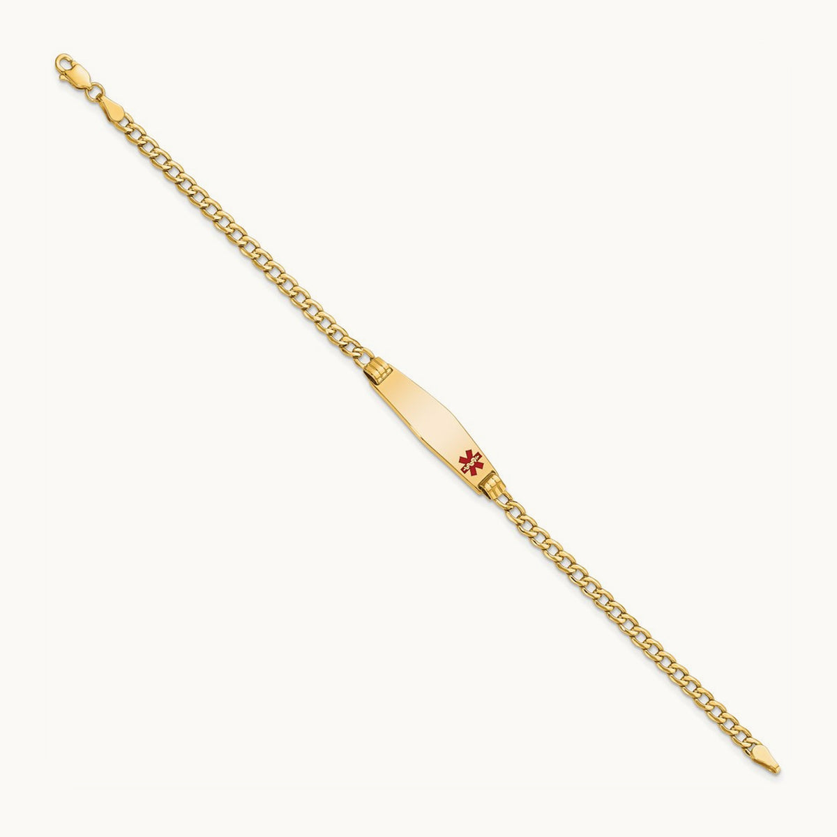 Medical Semi-Solid Soft Diamond Shape Red Enamel ID Cuban ID Bracelet, 14K
