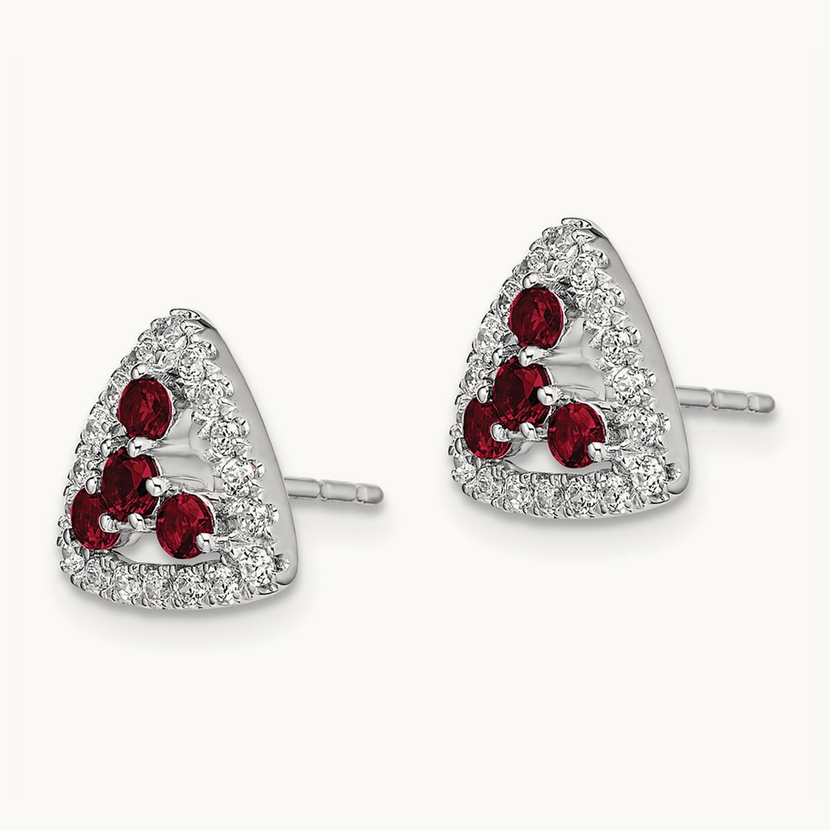 Created Ruby Triangle Post Earrings, 0.25 ct tw Lab-Grown Diamond — 14K White Gold