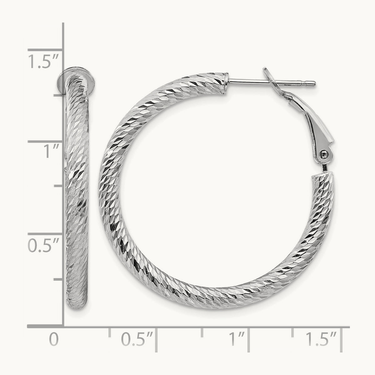 Diamond-cut Round Omega Back Hoop Earrings — 14K White Gold, 3x32mm