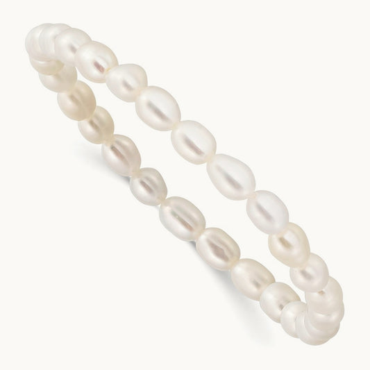 4- White Rice Shape FW Pearl 40mm Stretch Bracelet w/Pink Pouch, 4.5mm