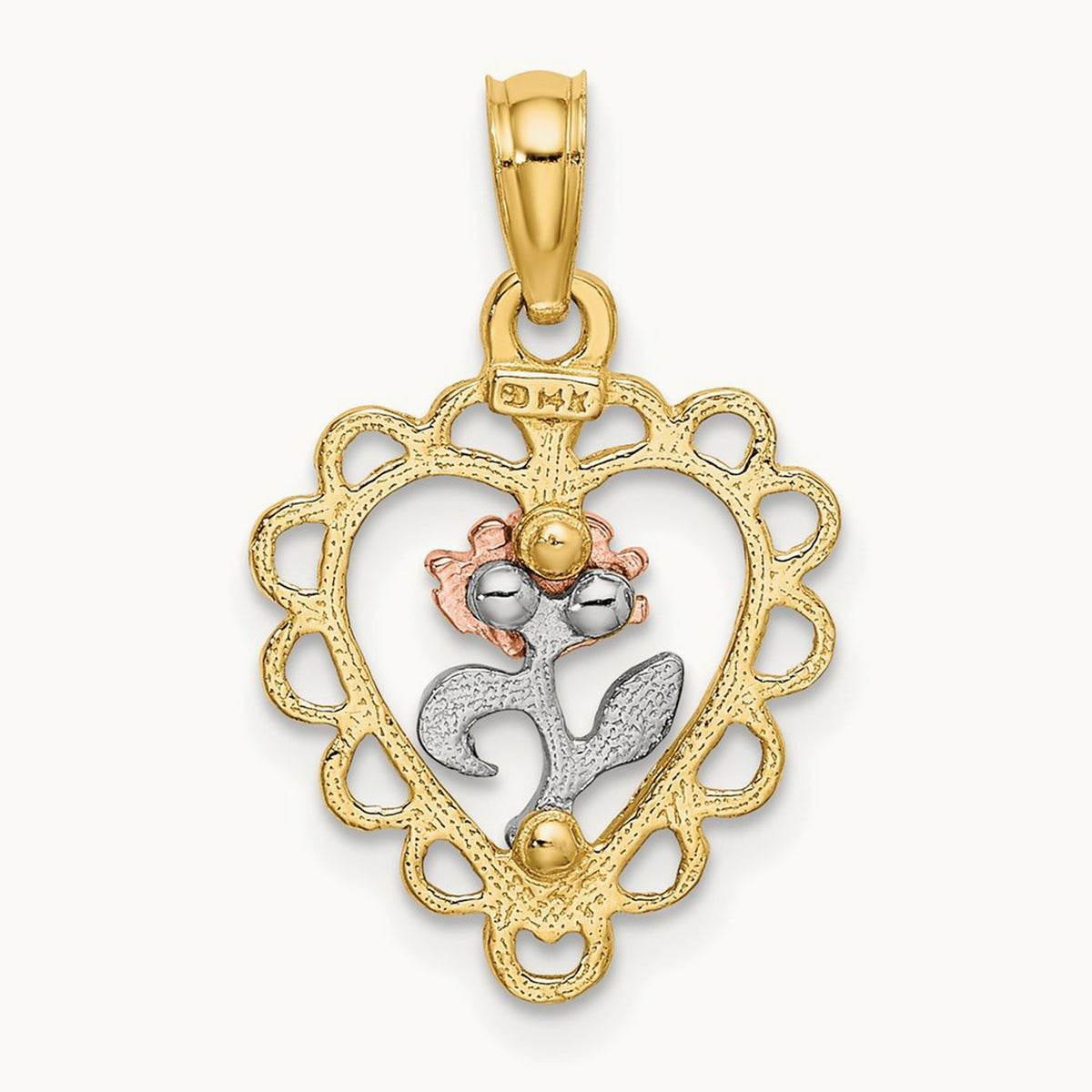 Rhodium Heart w/ Rose and Lace Trim Charm, 14K Two-tone White
