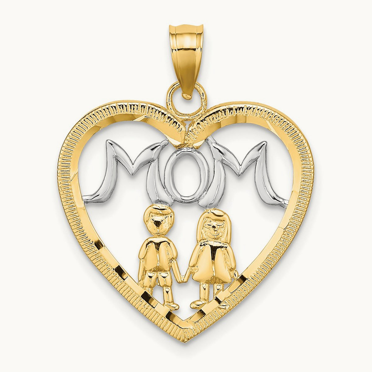 w/ Rhodium MOM Heart with 2 Kids Charm, 14K