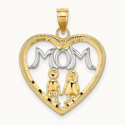 w/ Rhodium MOM Heart with 2 Kids Charm, 14K