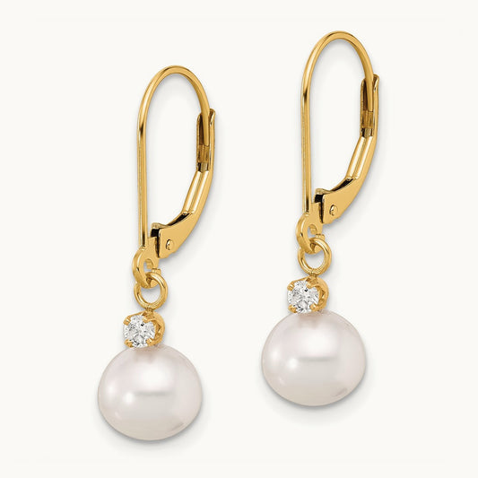 7- Round White FWC Pearl and .10ct Diamond Leverback Earrings, 8mm, 14K
