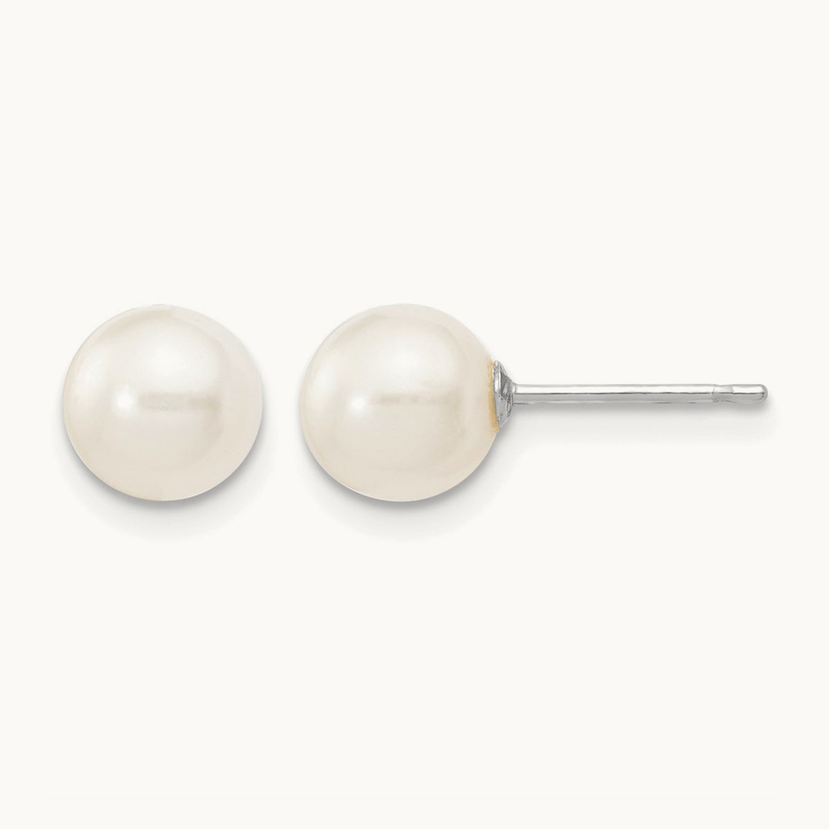 6- White Round FW Cultured Pearl Stud Post Earrings, 7mm, 14K White Gold