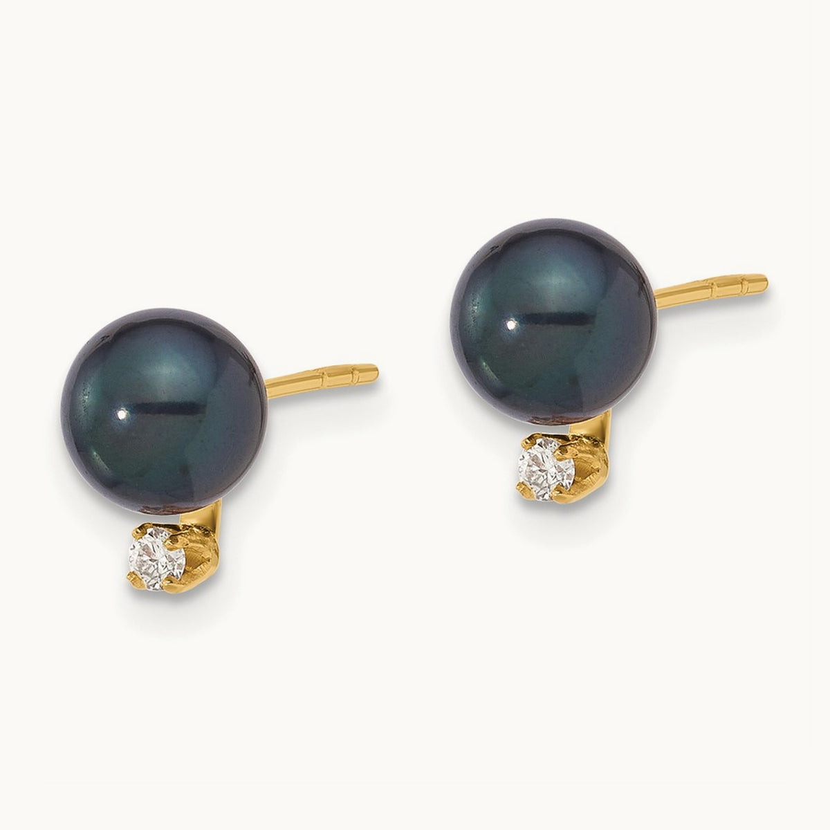 6- Round Black Akoya Pearl and .06ct Diamond Post Earrings, 7mm, 14K