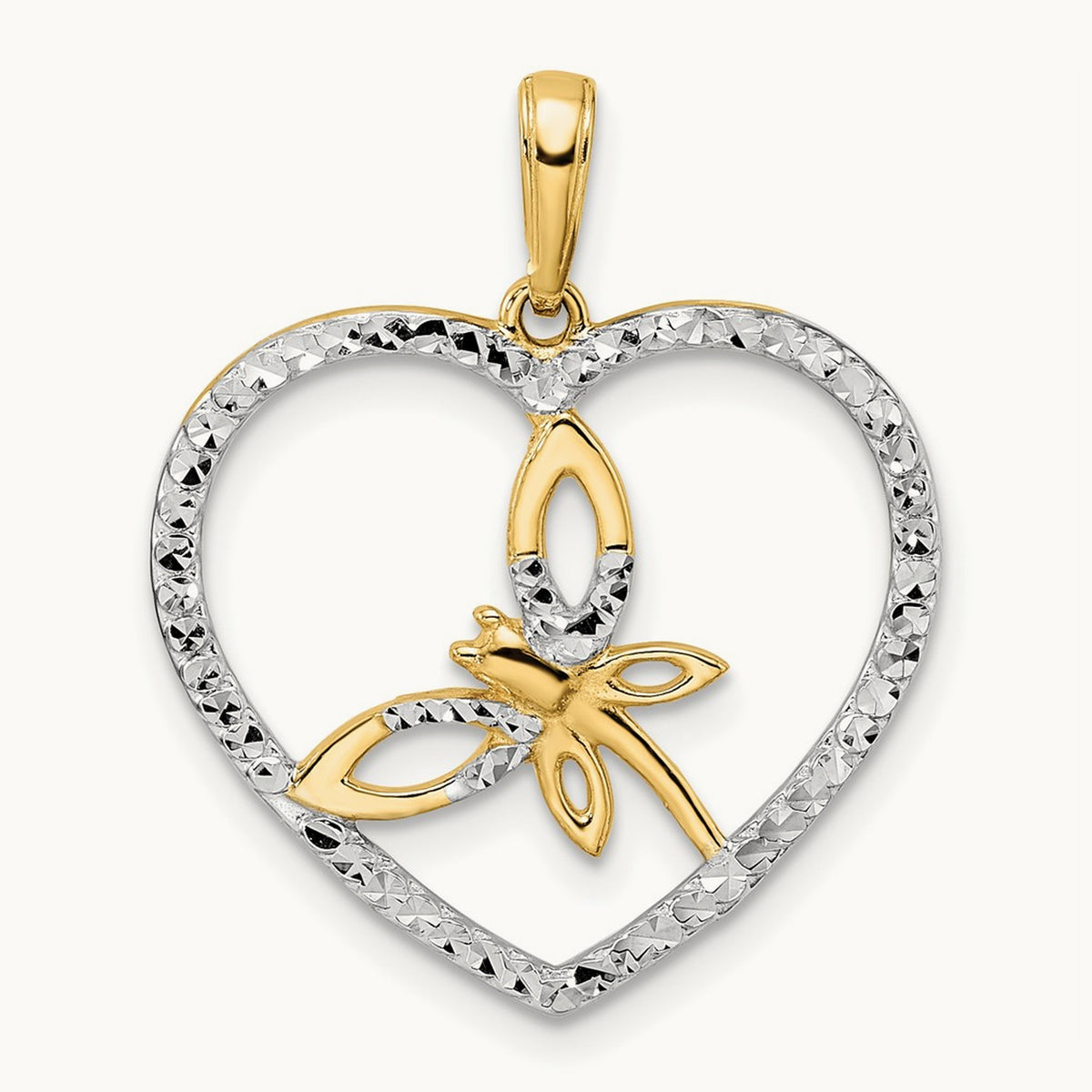 Diamond-cut Dragonfly in Heart Pendant, 14K with White Rhodium