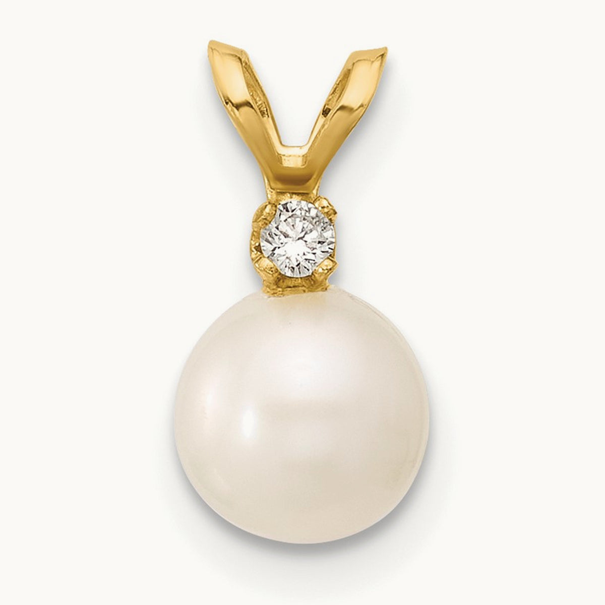 6- Round White Freshwater Cultured Pearl Diamond Pendant, 7mm, 14K