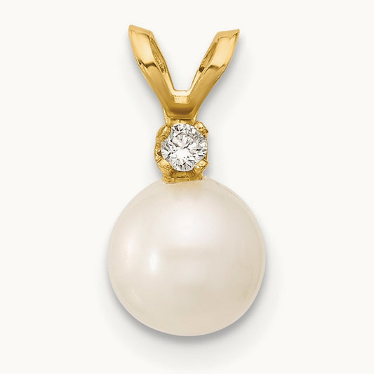 6- Round White Freshwater Cultured Pearl Diamond Pendant, 7mm, 14K