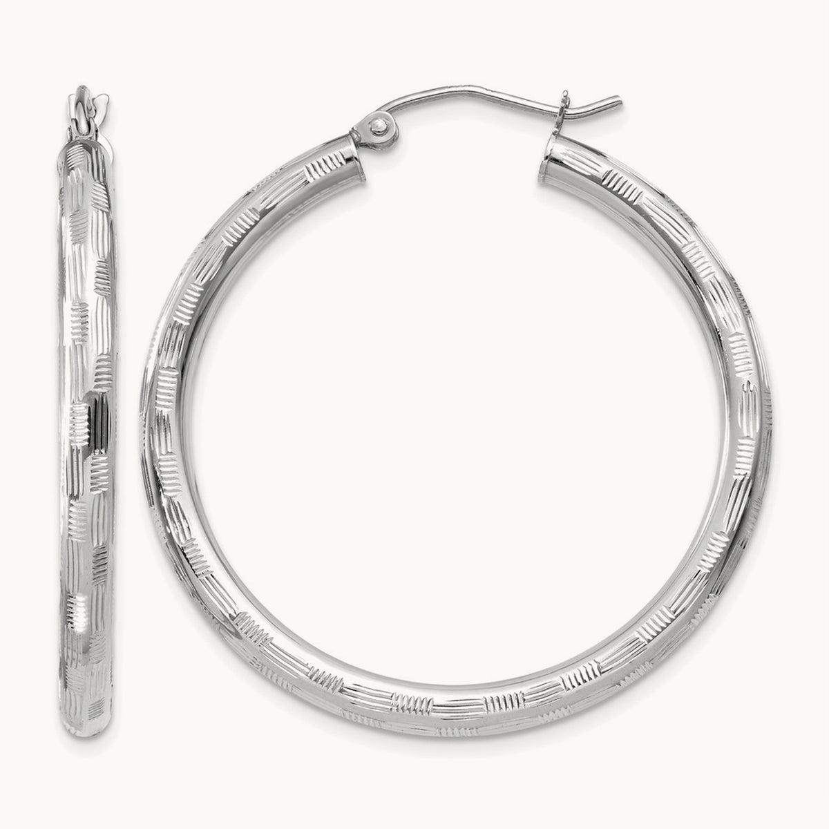 Diamond-cut Hoop Earrings, 14K White Gold