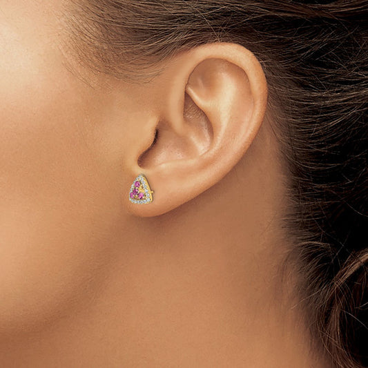 Created Pink Sapphire Triangle Post Earrings, 0.25 ct tw Lab-Grown Diamond — 14K Yellow Gold