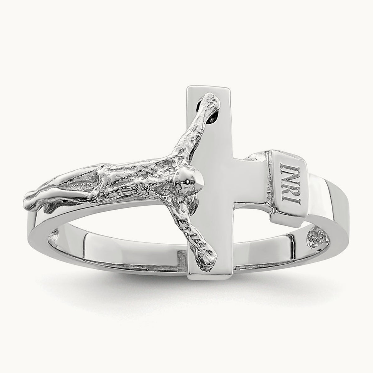 Polished INRI Crucifix Ring — 14K White Gold, 7
