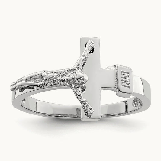 Polished INRI Crucifix Ring — 14K White Gold, 7