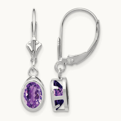 Oval Amethyst Leverback Earrings — 14K White Gold, 26mm, 7x5mm
